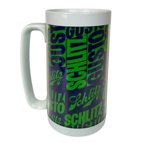 Vintage Thermo-Serv Schlitz Gusto Plastic Beer Stein Mug 22 Oz Green White - Picture 3 of 6